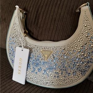 Guess Silver and Blue Shoulder Bag with Intricate Embellishments